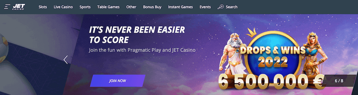 Jet casino pagrindinio puslapio ekrano kopija