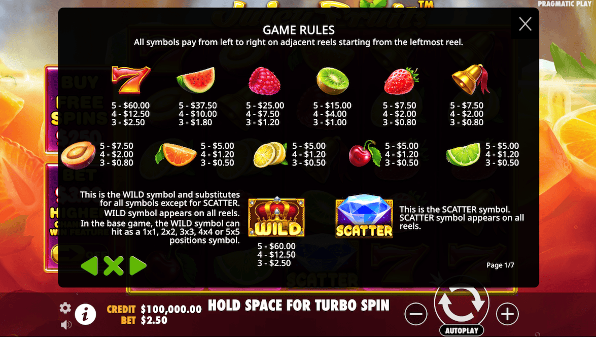 Juicy Fruits™ simboliai