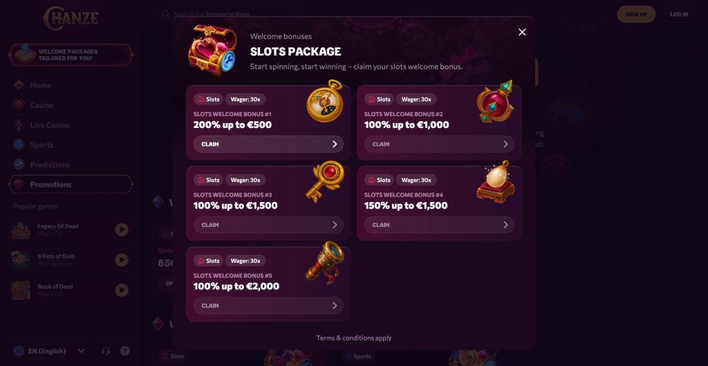 Chanze Casino - Sveikinimo premija